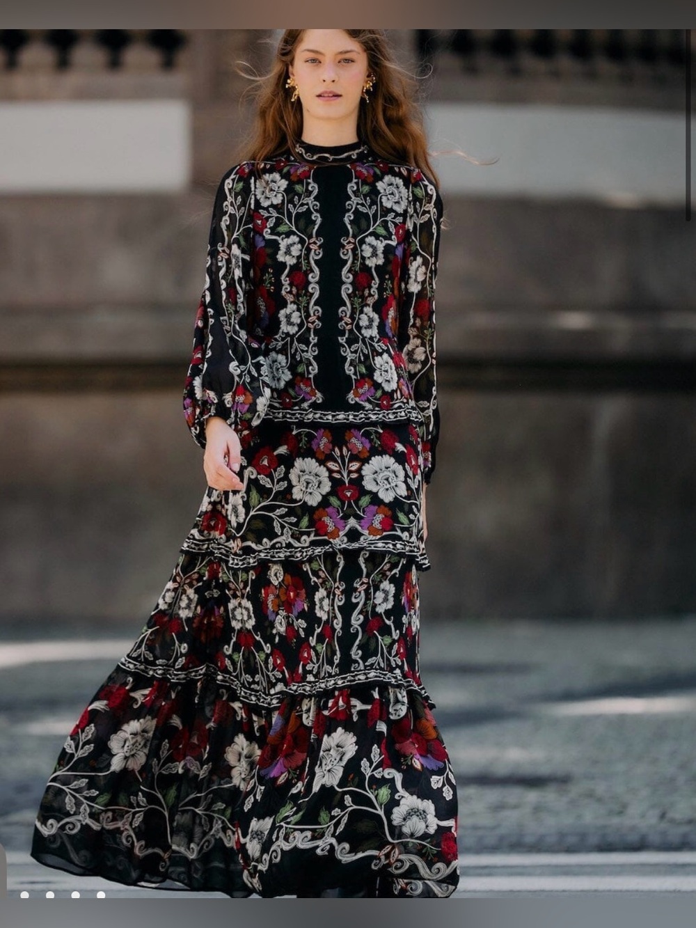 Farm Rio Rococo Flowers Tiered Maxi Dress Black Floral Maxi Dress